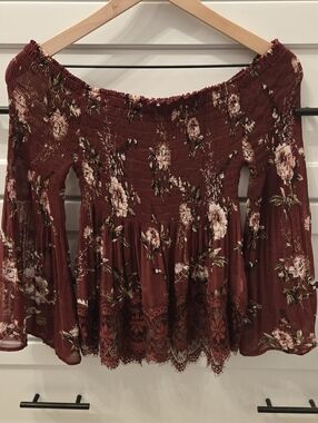 Charlotte Russe Burgundy Floral Off-Shoulder Smocked Tunic